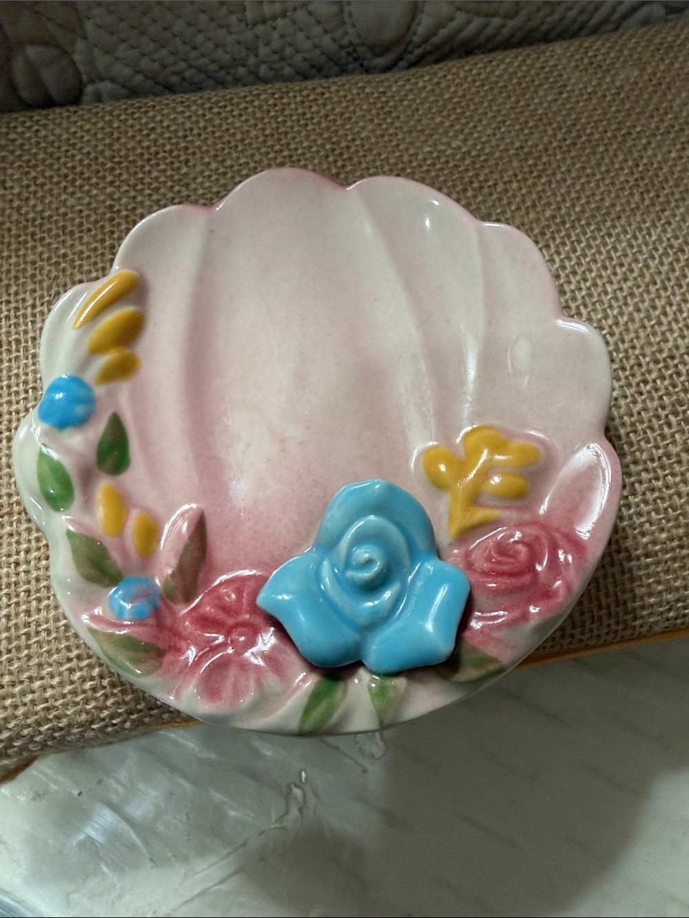 Zanesville CA pottery Pink Floral Ceramic Decorative Dish with Blue Rose Accent